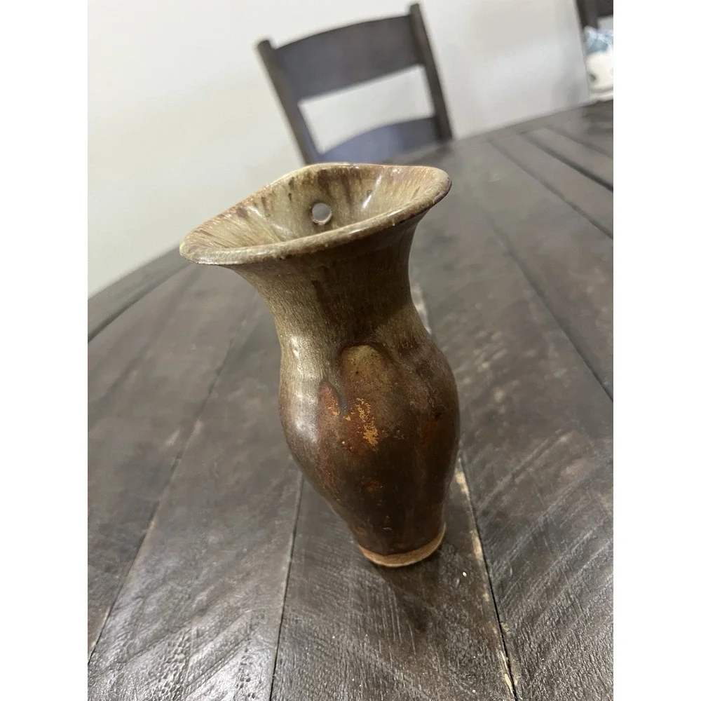 Wagner Village Art Pottery Small Wall Vase Brown Glaze‎ 5 7/8
